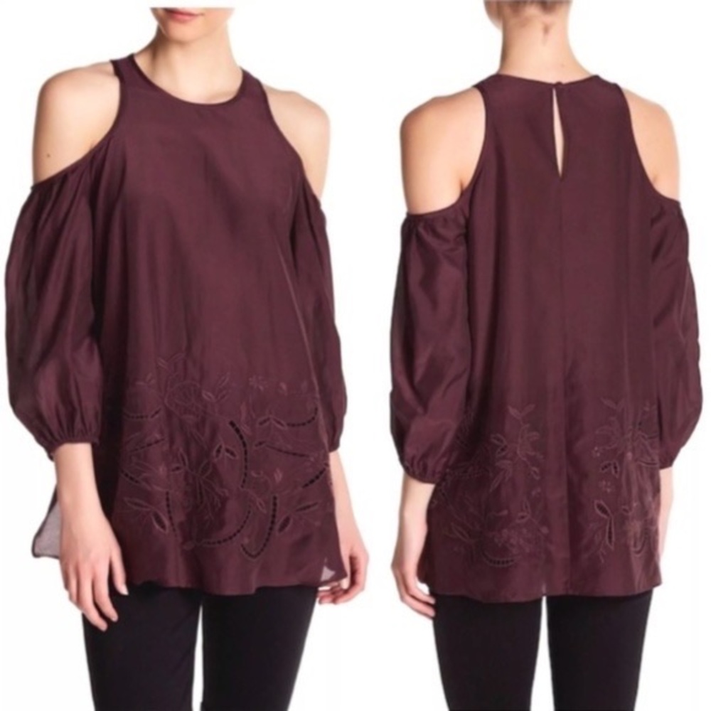 Tibi Carmen Cold Shoulder Tunic Eyelet Maroon Wine